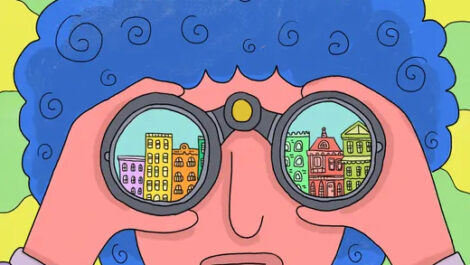 A cartoon face looking through binoculars with the city reflecting on the lens of the binoculars.