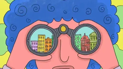 A cartoon face looking through binoculars with the city reflecting on the lens of the binoculars.