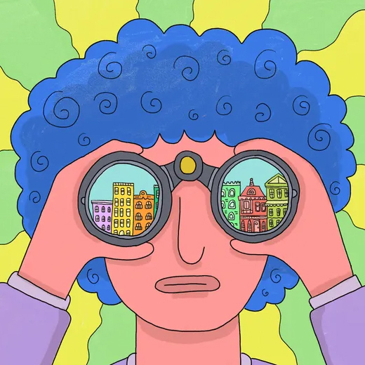 A cartoon face looking through binoculars with the city reflecting on the lens of the binoculars.