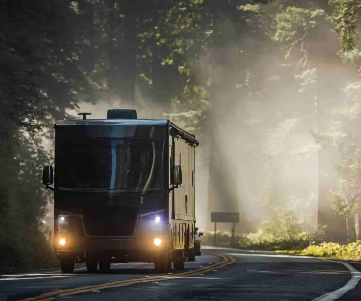 An RV traveling through beautiful wooded scenery.