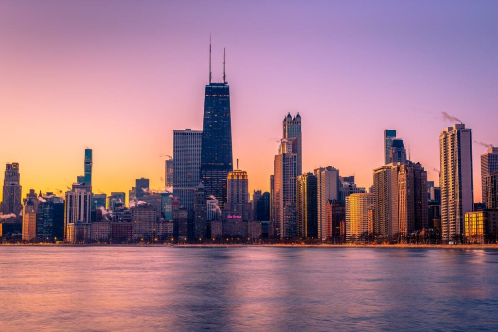 View of the Chicago skyline at sunrise.