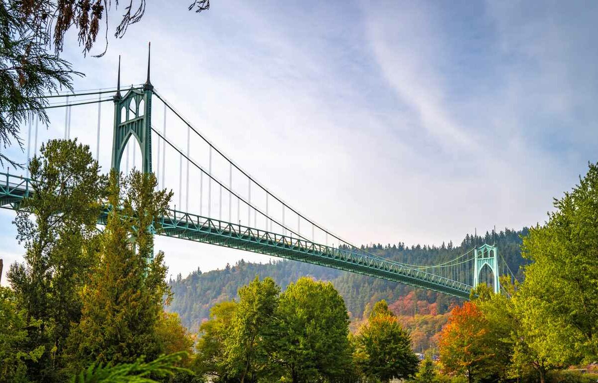 A view of St. John's Bridge over the Willamette River from Cathedral City Park in Portland, OR.