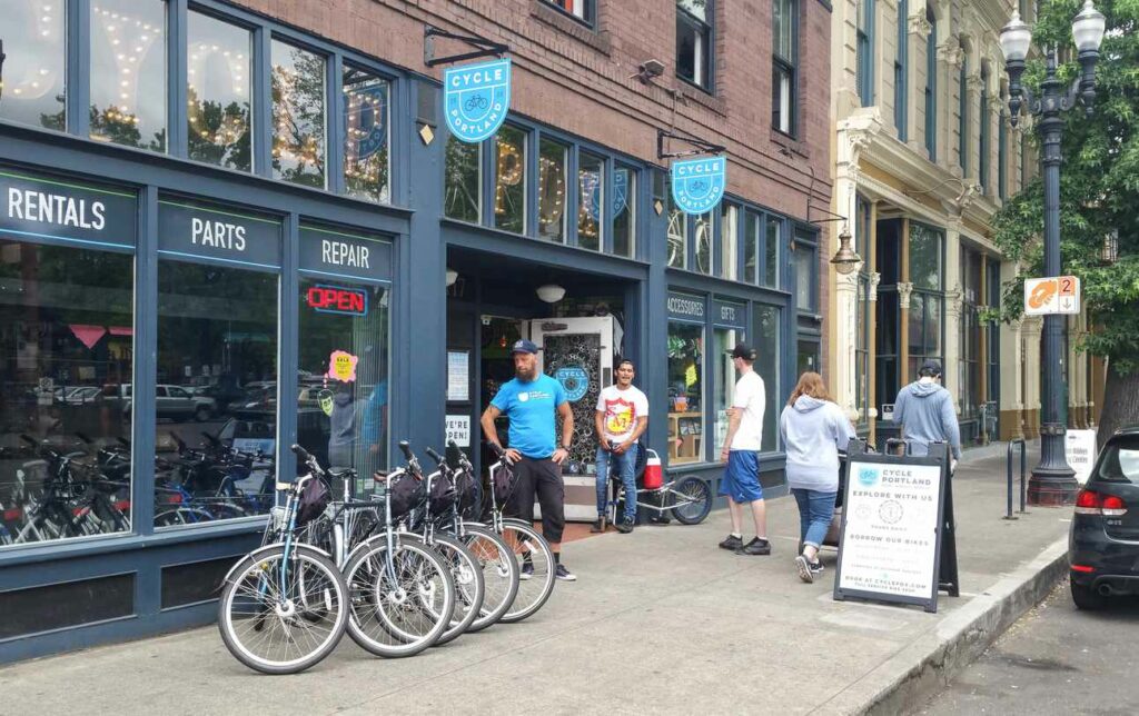 Front view of Cycle Portland storefront—a bike rentals and tours business in Portland.