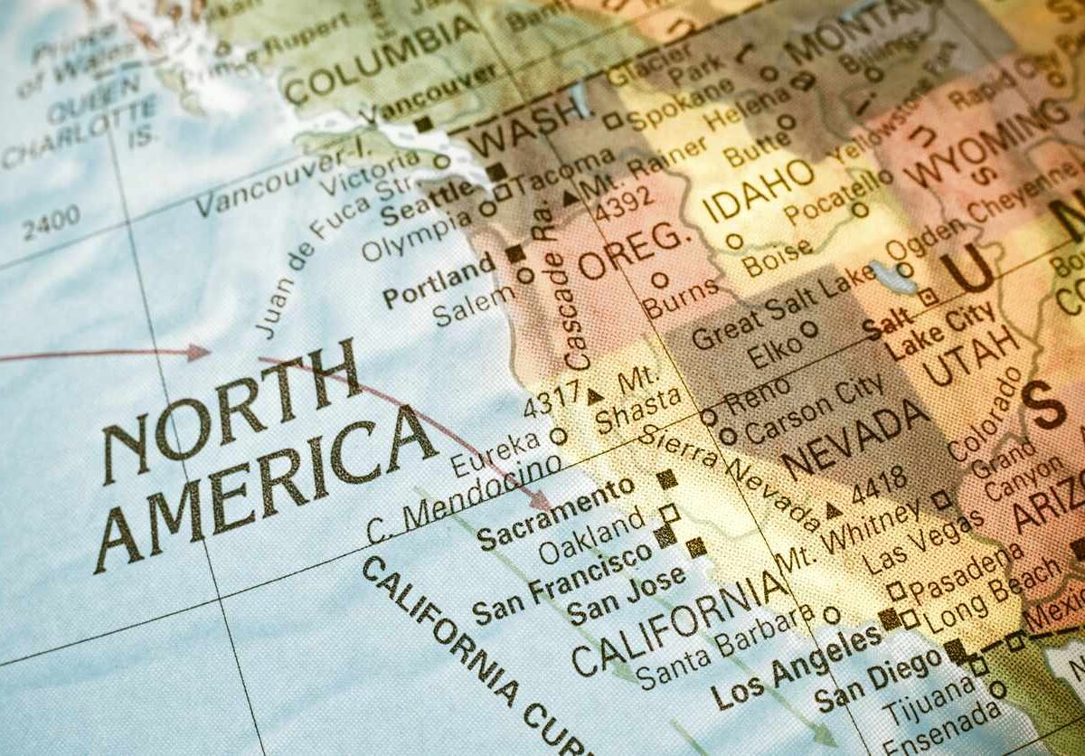 The West Coast of the United States as seen on a globe.