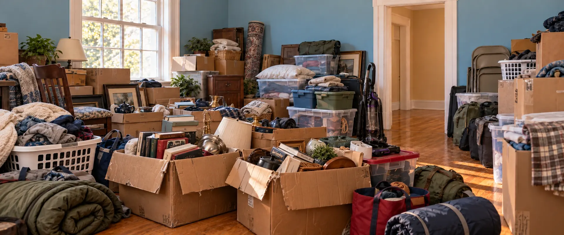 A blue room filled with boxes, furniture and household belongings.