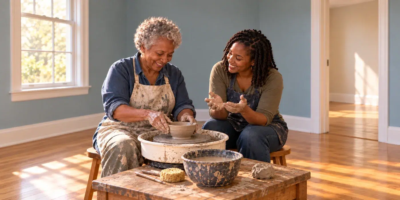 Two women enjoying a first pottery lesson together in the cleared blue room.
