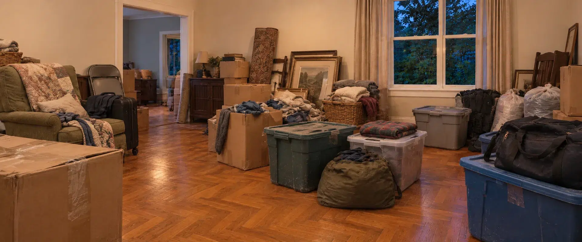 A room filled with stored boxes, furniture and household belongings.