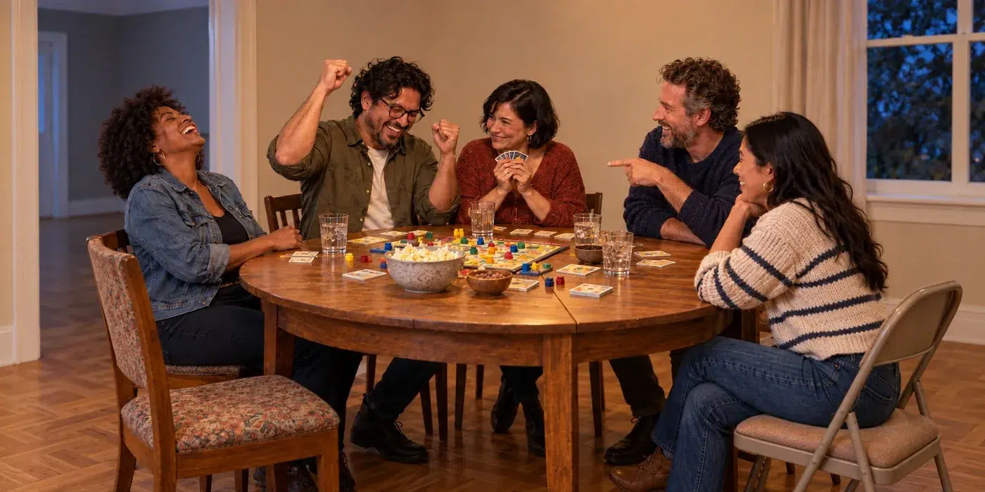 Five friends laughing and playing a board game around a table.