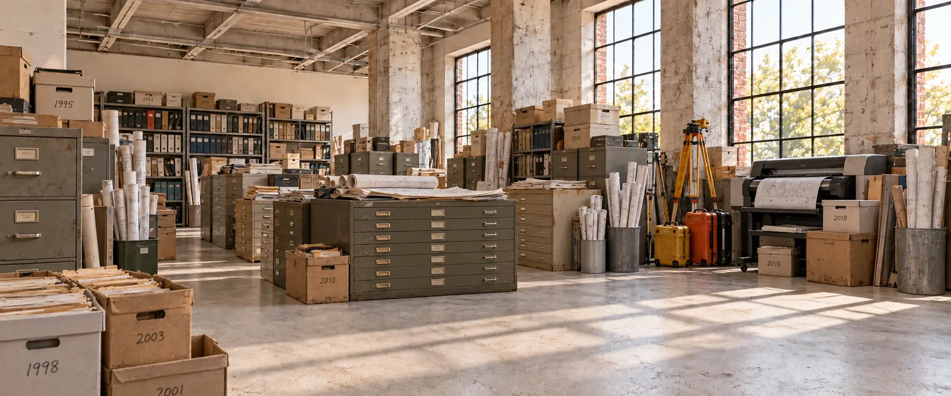 A room filled with archive boxes, files and storage cabinets.