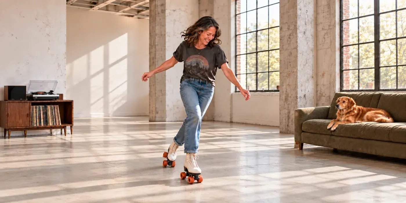 A woman roller skating in a sunny room while a dog rests on the sofa.