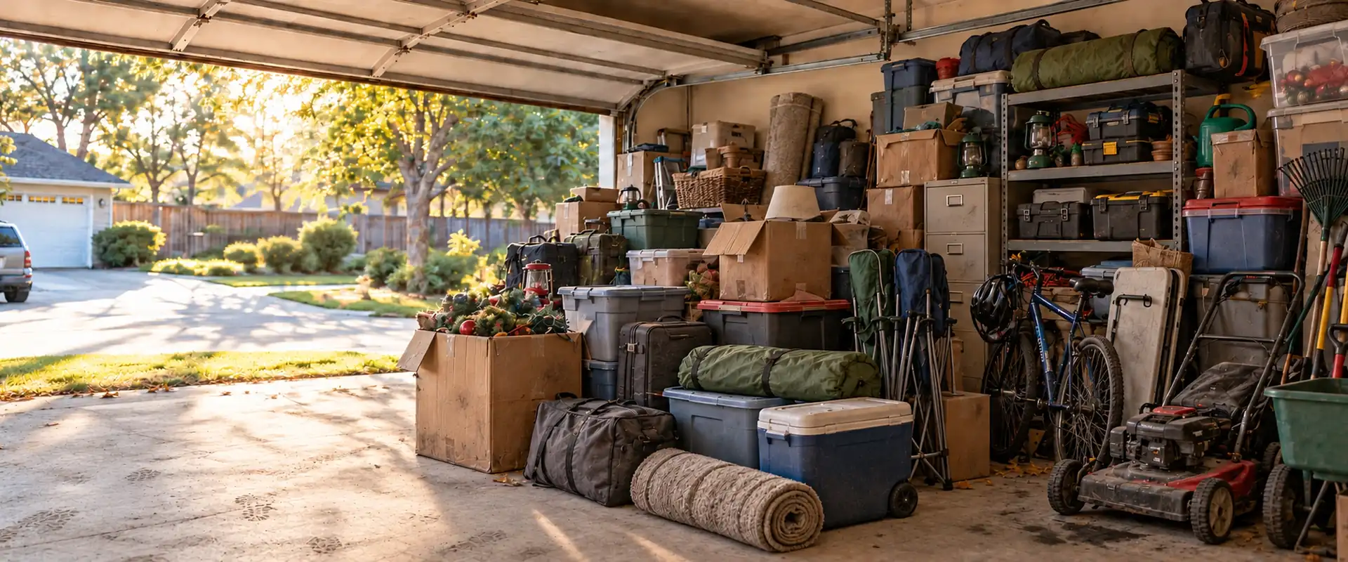 A garage filled with stored boxes, household belongings, tools and shelving.
