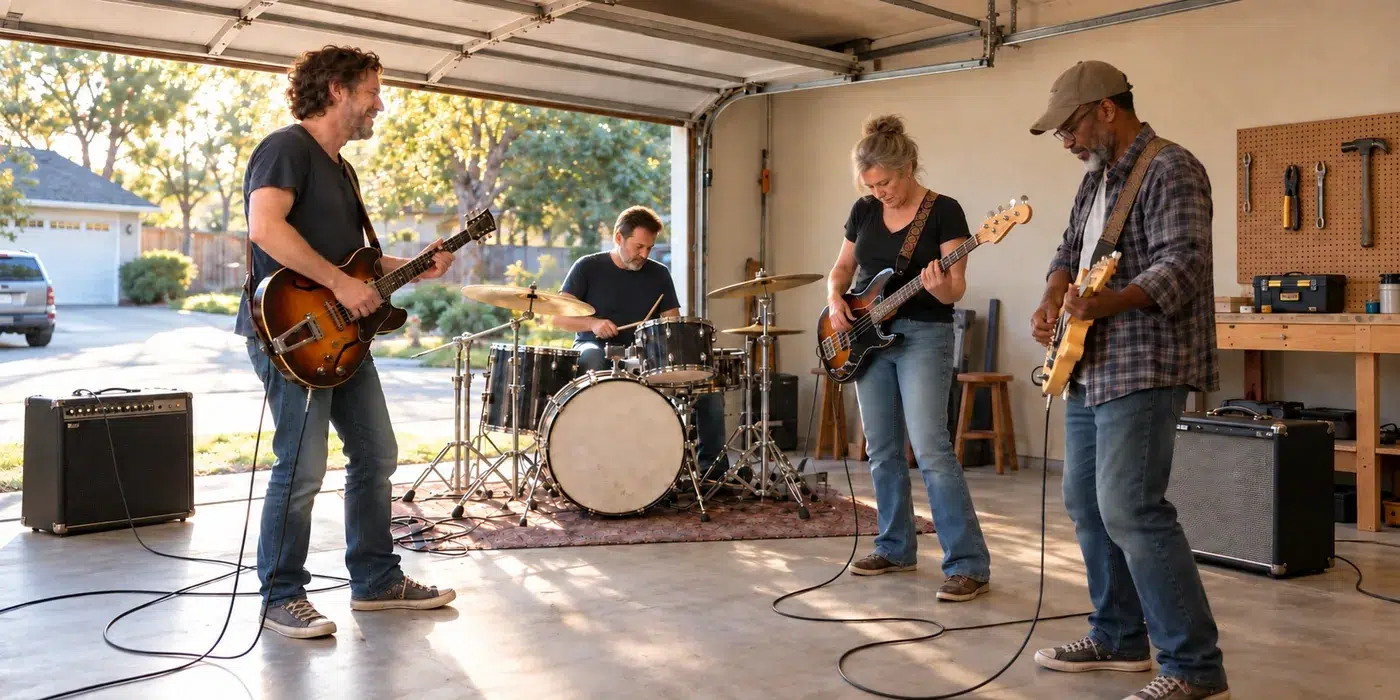 Four friends rehearsing together in a cleared garage, with room for their instruments.