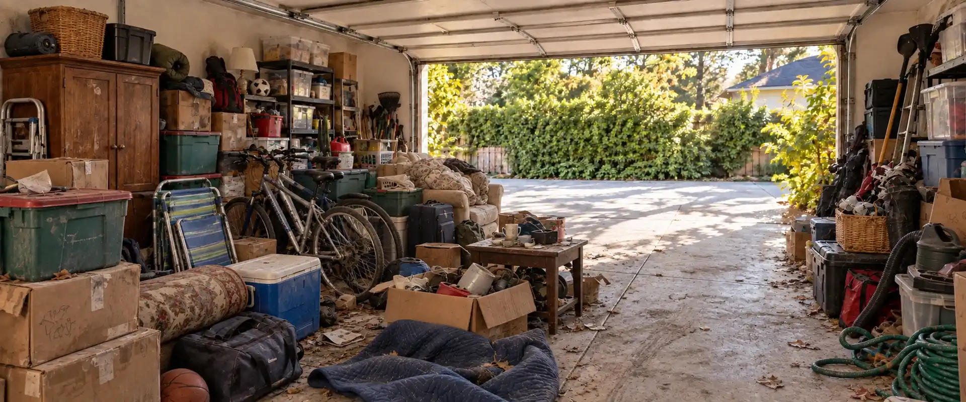 A garage filled with stored boxes, furniture and household belongings.