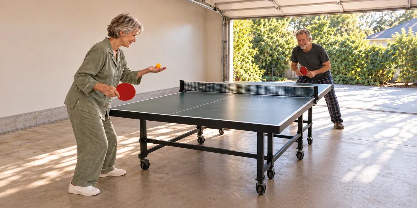 Two older adults playing table tennis in an open garage.