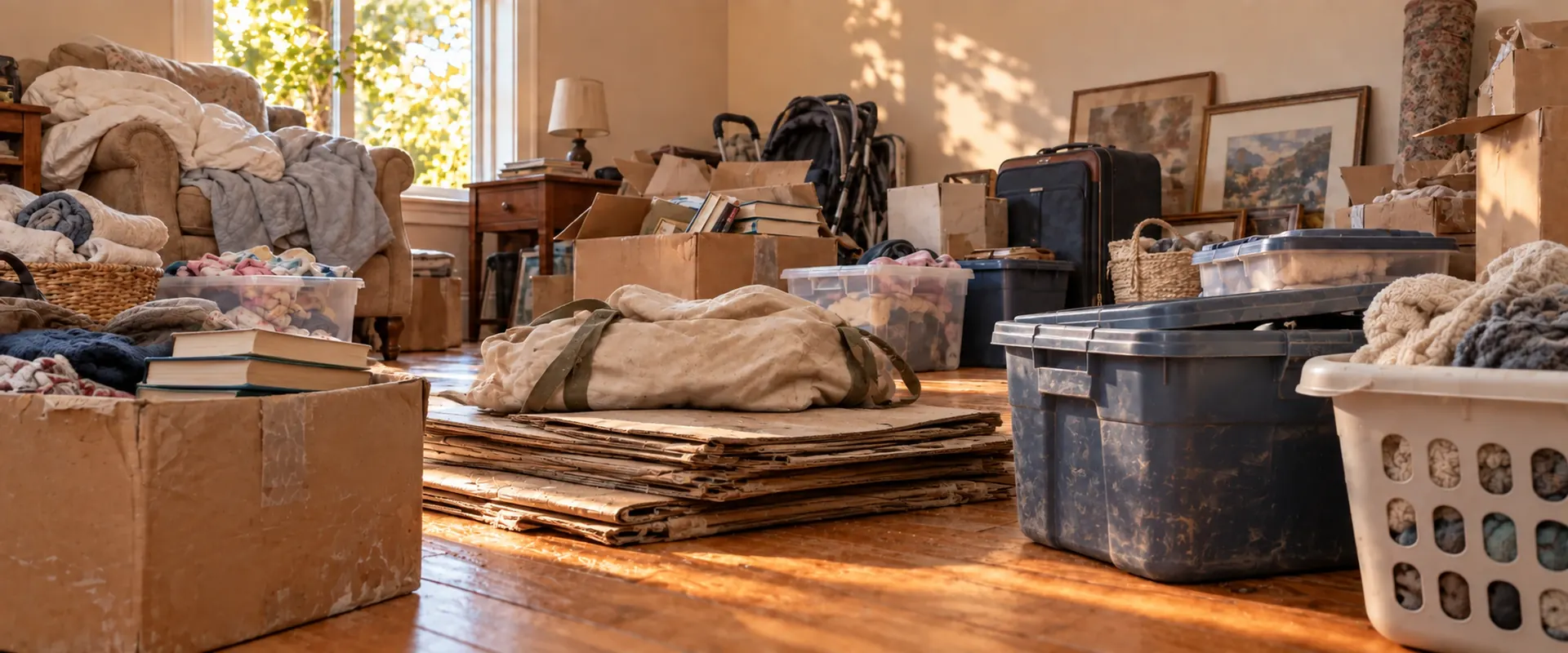 A room filled with stored boxes, furniture and household belongings.