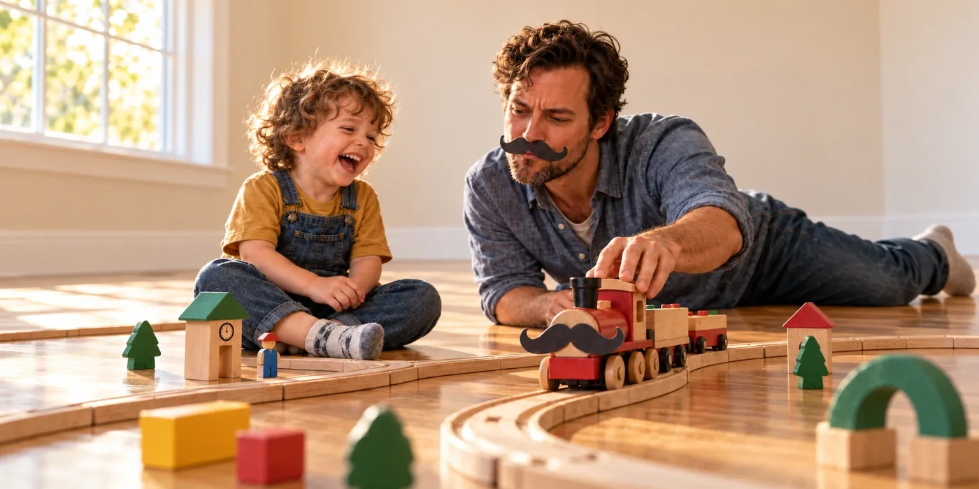 An adult and a laughing toddler playing with a wooden train with a pretend moustache.